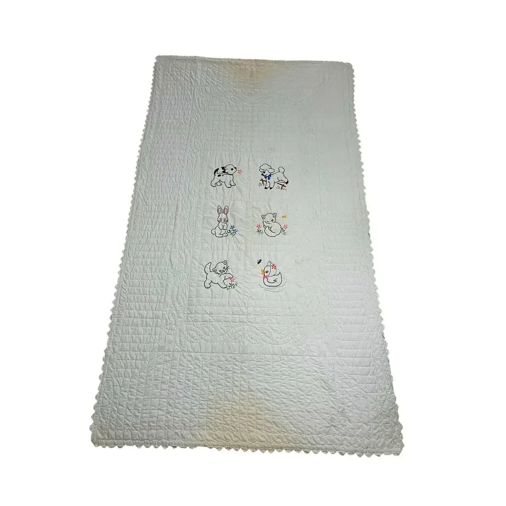 Hand Embroidered Quilt Childrens Mint Green Mid Century Baby Animals 38x68
